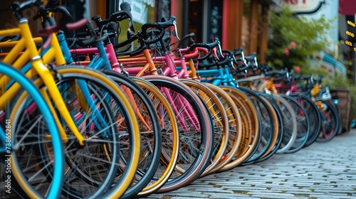 Vibrant arrays of bicycles kept in outdoor severally with space and empty space for text, Generative AI.