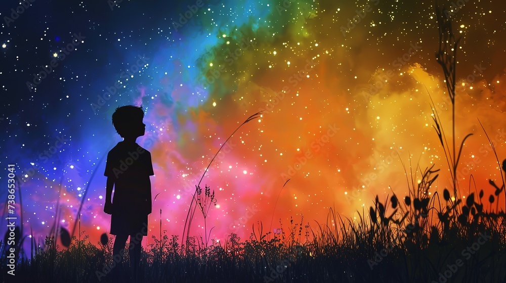 Silhouette of a boy looking at the rainbow-colored starry sky Silhouette of a boy looking at the rainbow-colored starry sky