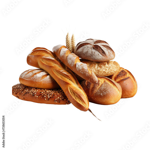 Assortment of fresh baked bread on white or transparent background