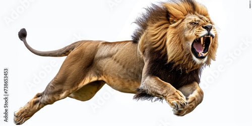 A male lion, Panthera leo, is seen in mid-air with its mouth wide open, against a white background, Generative AI  photo