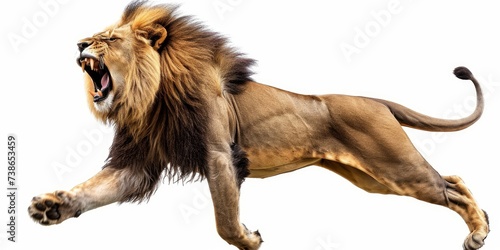 A male lion, Panthera leo, is seen in mid-air with its mouth wide open, against a white background, Generative AI 