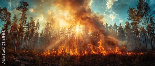 Dramatic forest fire scene with intense flames and smoke engulfing trees, highlighted by rays of sunlight. Environmental disaster and wildfire awareness concept