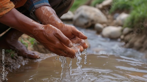 Water from a torrential stream is being employed to cleanse a stranger's hands and space, Generative AI.