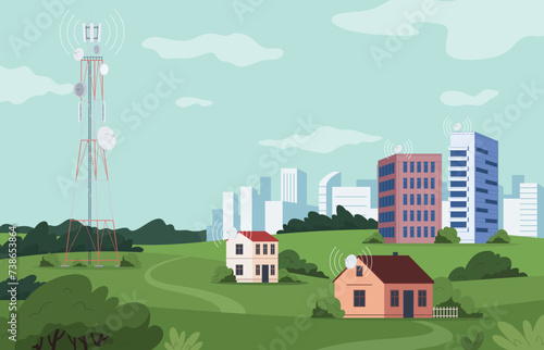Tower with radio and satellite communication. Landscape with buildings and cities data transfer, mobile and internet connection. Vector illustration