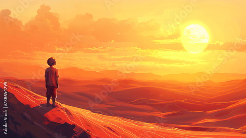 A boy looking at desert sunset