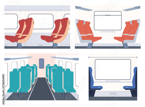 The interior of a modern train car. Railway journey. Comfortable seats in the train. Vector illustration