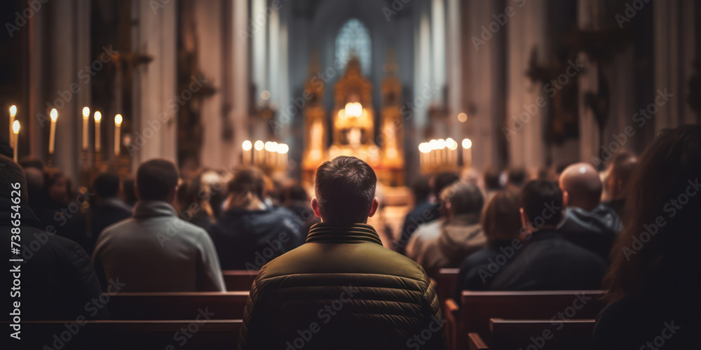 Catholic Cathedral: A Holy Sanctuary of Faith and Worship, Filled with Praying Person's Hope, Spiritual Culture, and Belief in God's Presence - obrazy, fototapety, plakaty 