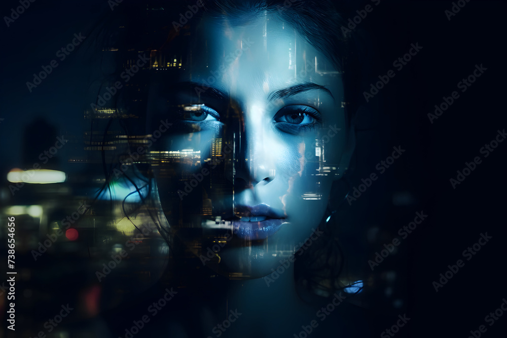 a close up of a woman s face with a city in the background a close up of a woman s face with a city in the background