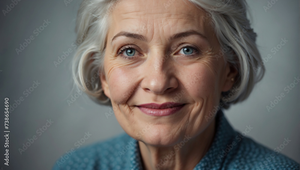 Lächelnde ältere Dame mit grauen Locken - Porträt - obrazy, fototapety, plakaty 