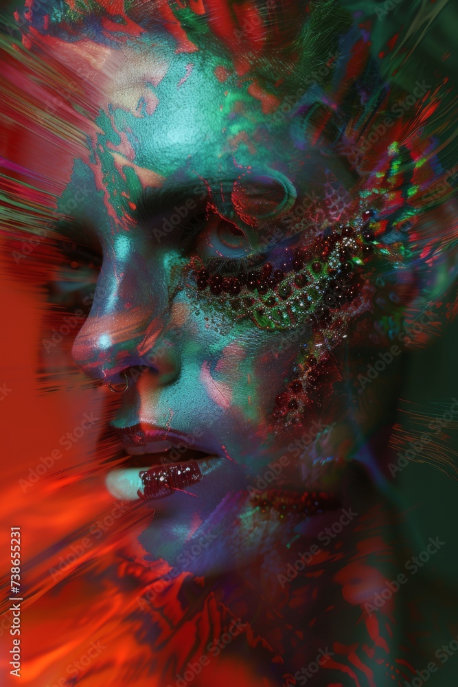 demon covered face bejeweled avant garde model, chromatic aberration, motion, blurred
