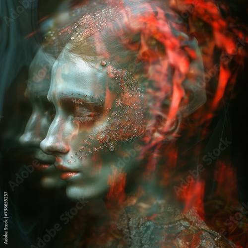 demon covered face bejeweled avant garde model, chromatic aberration, motion, blurred 
