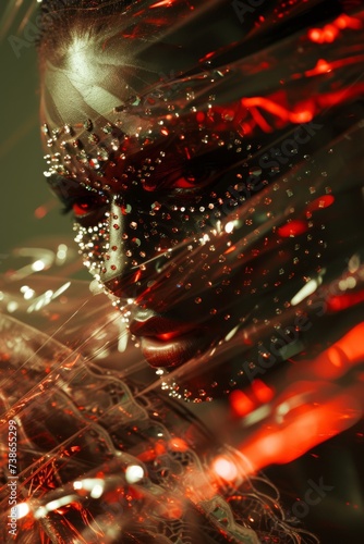 demon covered face bejeweled avant garde model, chromatic aberration, motion, blurred 