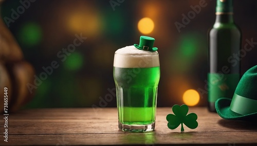 Glass of green festive beer with leprechaun hat and clover shamrock on wooden table next to bottle. Blurred background with lights. St.Patrick Day Festival Banner. Copy space. Ai generation