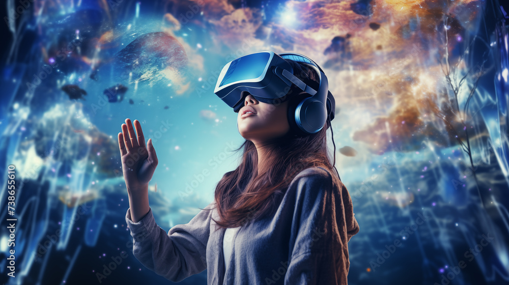 Woman with VR glasses experiencing virtual reality therapy on abstract background. Space for text, Generative AI Woman with VR glasses experiencing virtual reality therapy on abstract background. Space for text, Generative AI