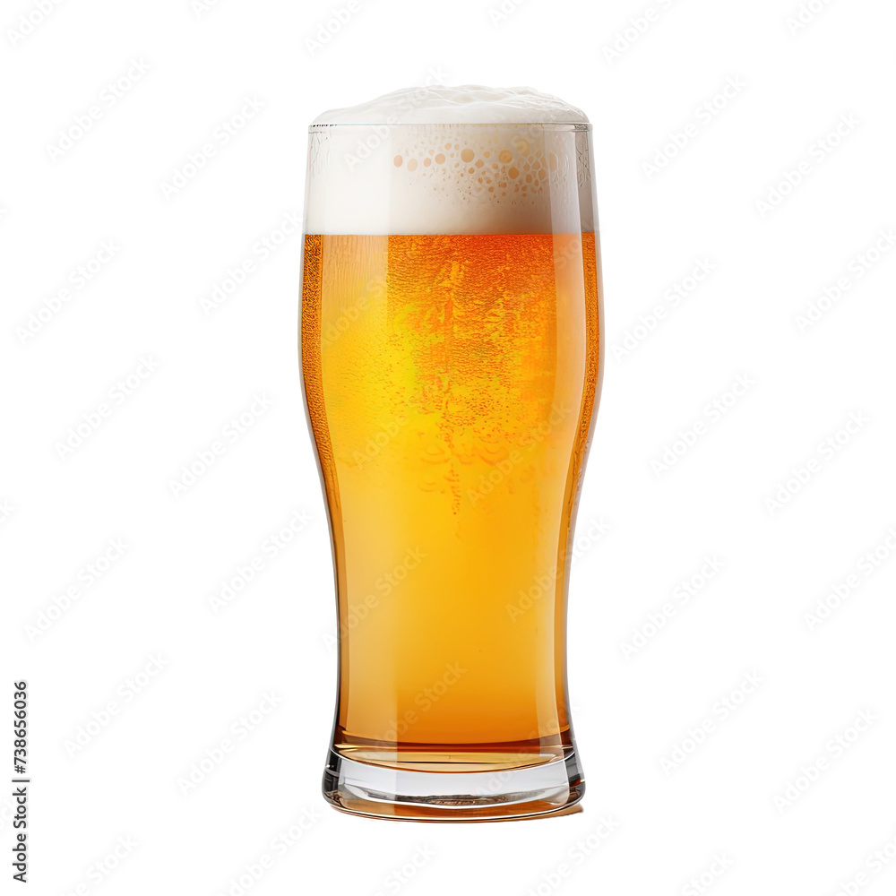 Filled glass of beer with foam on white or transparent background