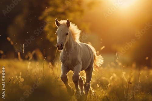 Happy foal running in the field in summer 