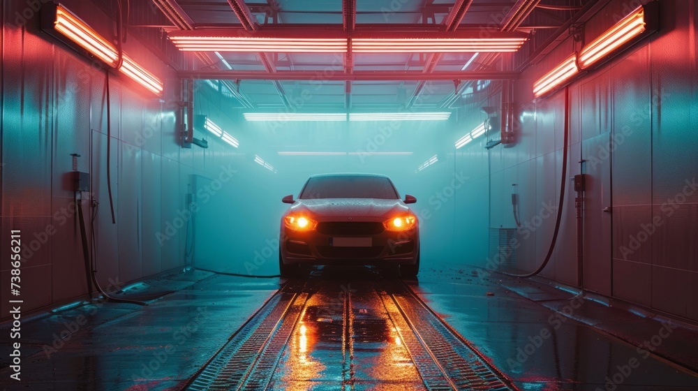 Fototapeta premium Sleek Sports Car in High-Tech Drying Room - Precision Auto Body Finishing