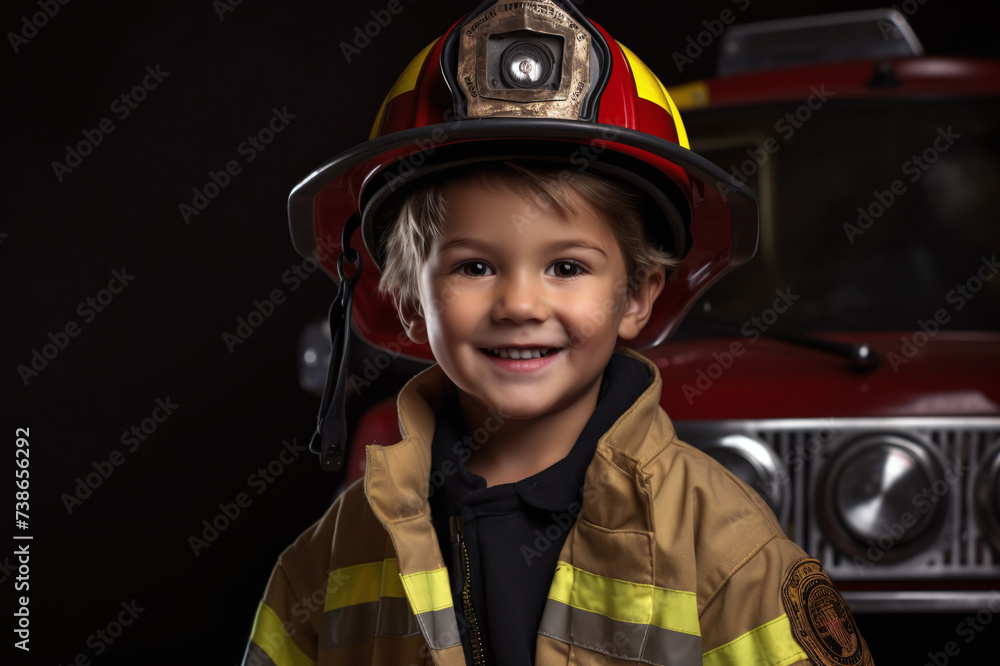 Child in a firefighter costume, choosing a future profession Child in a firefighter costume, choosing a future profession