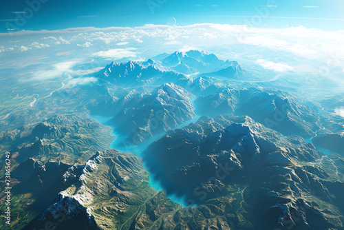 View from above of mountains and rivers, alpine mountain peaks, nature