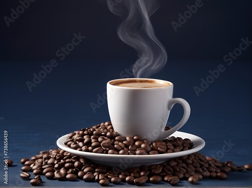 a cup of hot coffee and coffee beans on a dark blue background. coffee lover, product layout, mocup, copy space