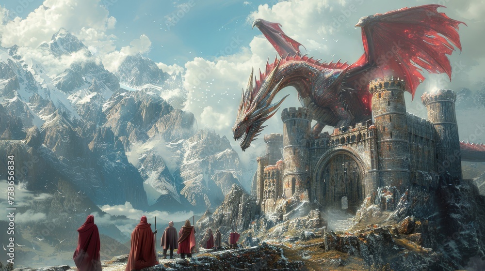 Majestic dragon circling a stone tower villagers watching in awe - obrazy, fototapety, plakaty 