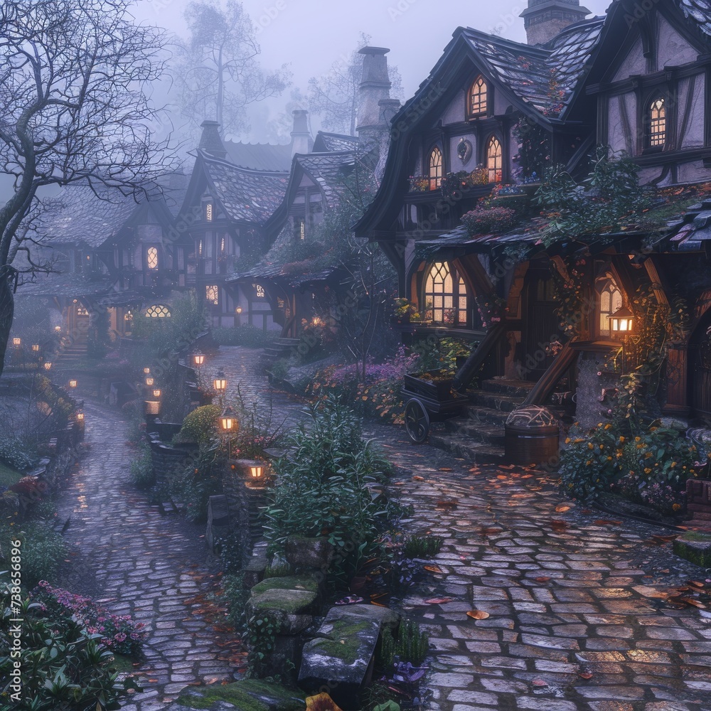 Medieval village at dawn misty cobblestone paths thatched roofs
