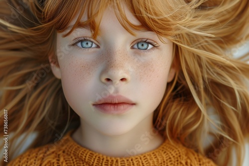 Closeup portrait of a young girl with freckles on her face and striking blue eyes