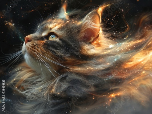 Maine Coon with glowing aura fur soft as clouds purring celestial melodies photo
