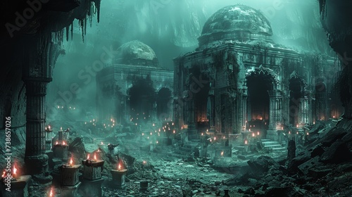 Necromancers sanctuary in catacombs beneath an ancient city guarded by the undead