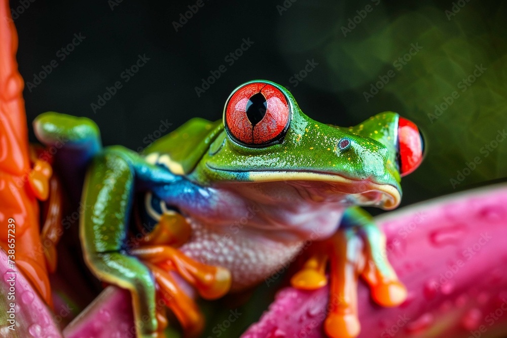 Fototapeta premium collourfull frog sitting on the leaf