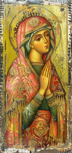 The praying Mary depicted in Byzantine style. AI generative.