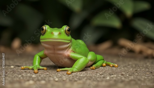 Close up of a green tree frog on a dark green background.