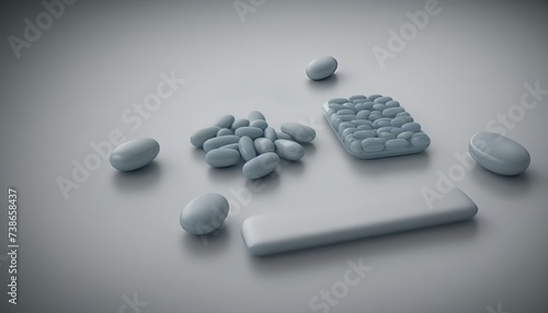 3d rendering of a pile of white and blue pills on a gray background