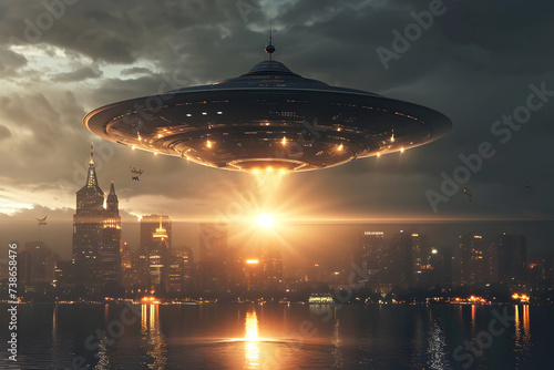 A UFO hovers over the city skyline at midnight, piercing the cloudy night sky
