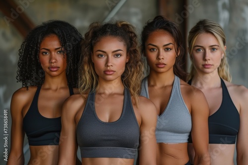 Group of active women in sports bra tops standing in front of a wall and looking at the camera during fitness training