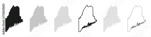 Maine State Map Black. Maine map silhouette isolated on transparent background. Vector Illustration. Variants.