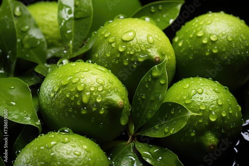 Fresh wet limes with a half-cut lime, on a dark background, covered in water droplets, showcasing freshness and organic produce