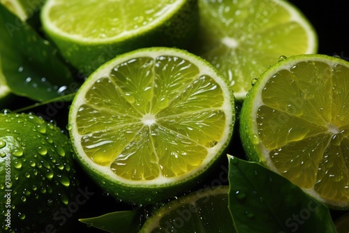 Fresh limes with water droplets on a dark background, highlighting their vibrant green color and juicy texture © cvetikmart