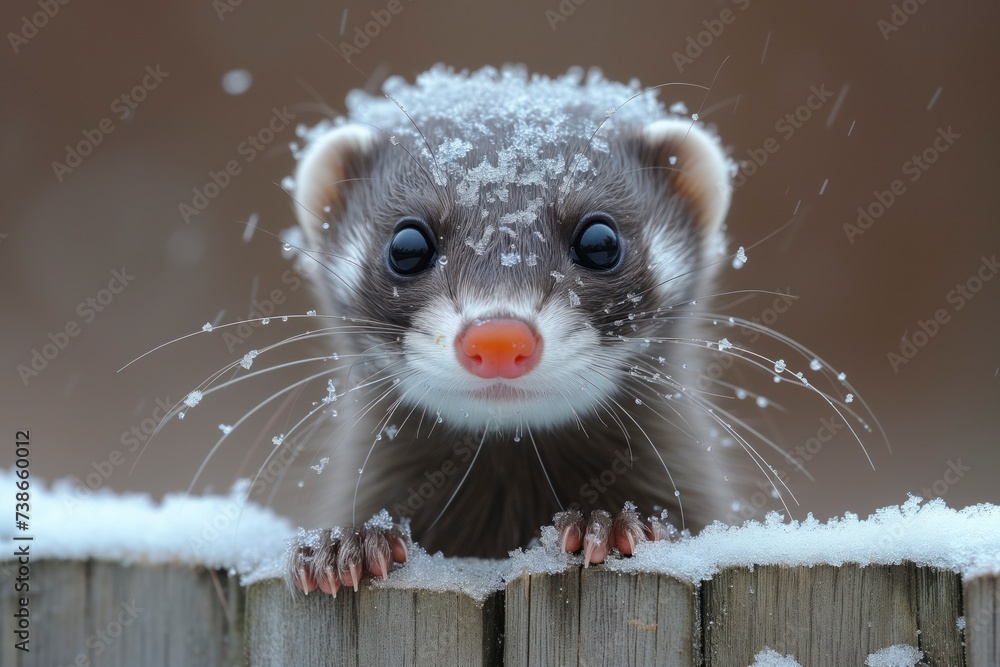 A curious ferret ventures into the wintry landscape, its snout covered in a dusting of snow, embodying the resilient spirit of this playful and inquisitive member of the mustelidae family - obrazy, fototapety, plakaty 