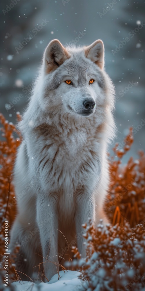 Obraz premium A solitary canis braves the harsh winter, its white coat blending into the snowy landscape as it sits in quiet contemplation, a symbol of resilience and wild beauty