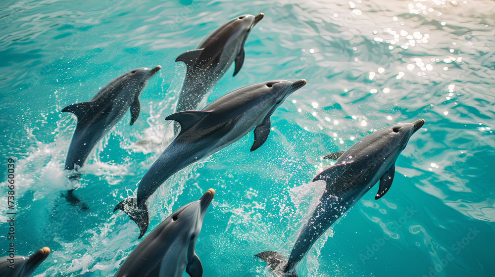 Fototapeta premium Cute dolphins jumping and swimming in the blue sea 