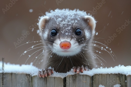A curious ferret ventures into the wintry landscape, its snout covered in a dusting of snow, embodying the resilient spirit of this playful and inquisitive member of the mustelidae family photo
