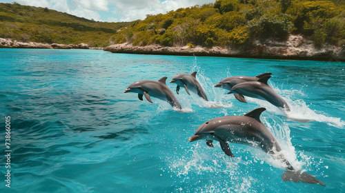A group of cute dolphins jumping in the turquoise ocean near the island
