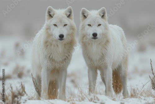 Two majestic white wolves stand tall in the wintry snow, their snouts pointed towards the crisp sky as they embody the fierce beauty of the wild, their canine companions by their side