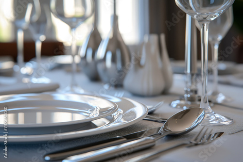 Beautifully arranged dinner table with elegant tableware, glasses, and decorations for a festive occasion photo