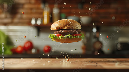 Delicious aromatic flying hamburger with tomatoes on kitchen background