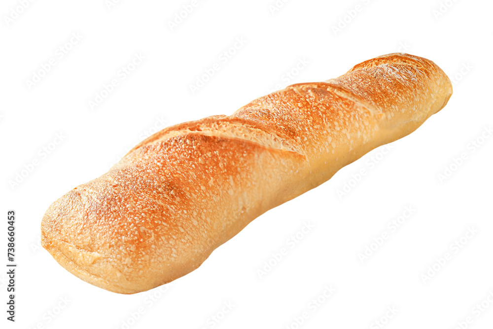 Side view of freshly baked baguette on white background Side view of freshly baked baguette on white background