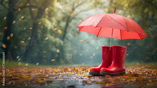 Wallpaper Mural Red umbrella and rubber boots on a blurred background Torontodigital.ca
