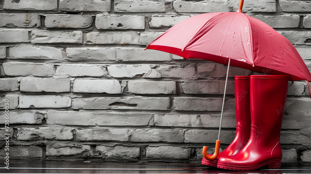 Red umbrella and rubber boots on a brick background