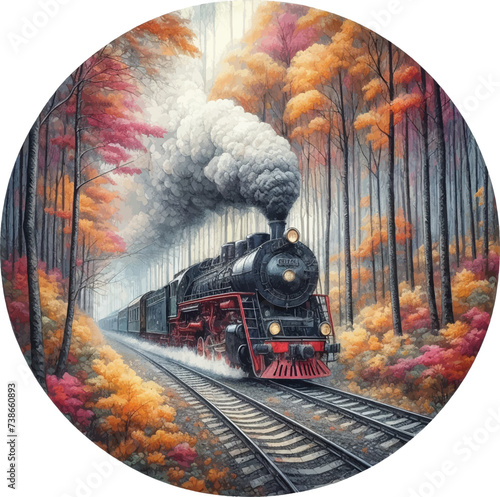 Locomotive steam train passing through forest
